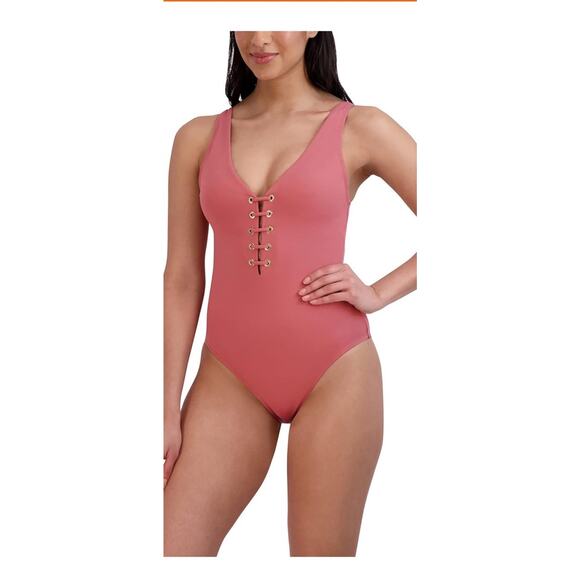 BCBGMAXAZRIA Lace Up Grommet Tummy Control Quick Dry One Piece Swimsuit Medium - Picture 1 of 3